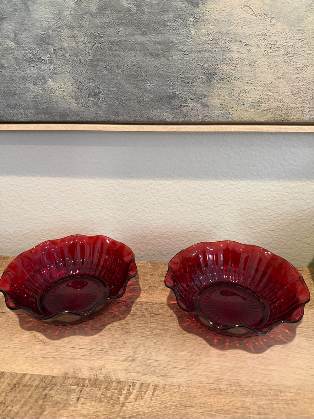 Anchor Hocking Deep Ruby Red Ruffled Glass Bowls - Pair